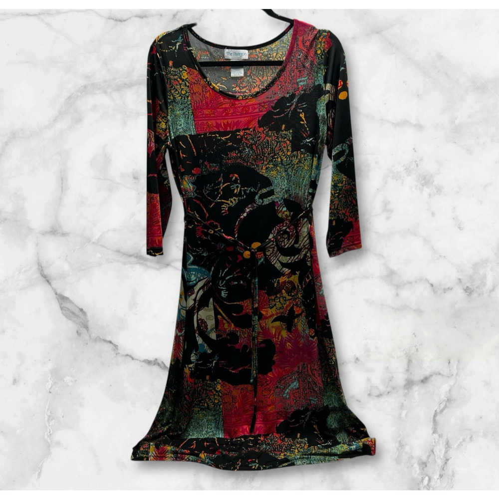 The Paragon Midi Dress Belted Artsy Print Women's 3/4 Sleeve Women's Size Large